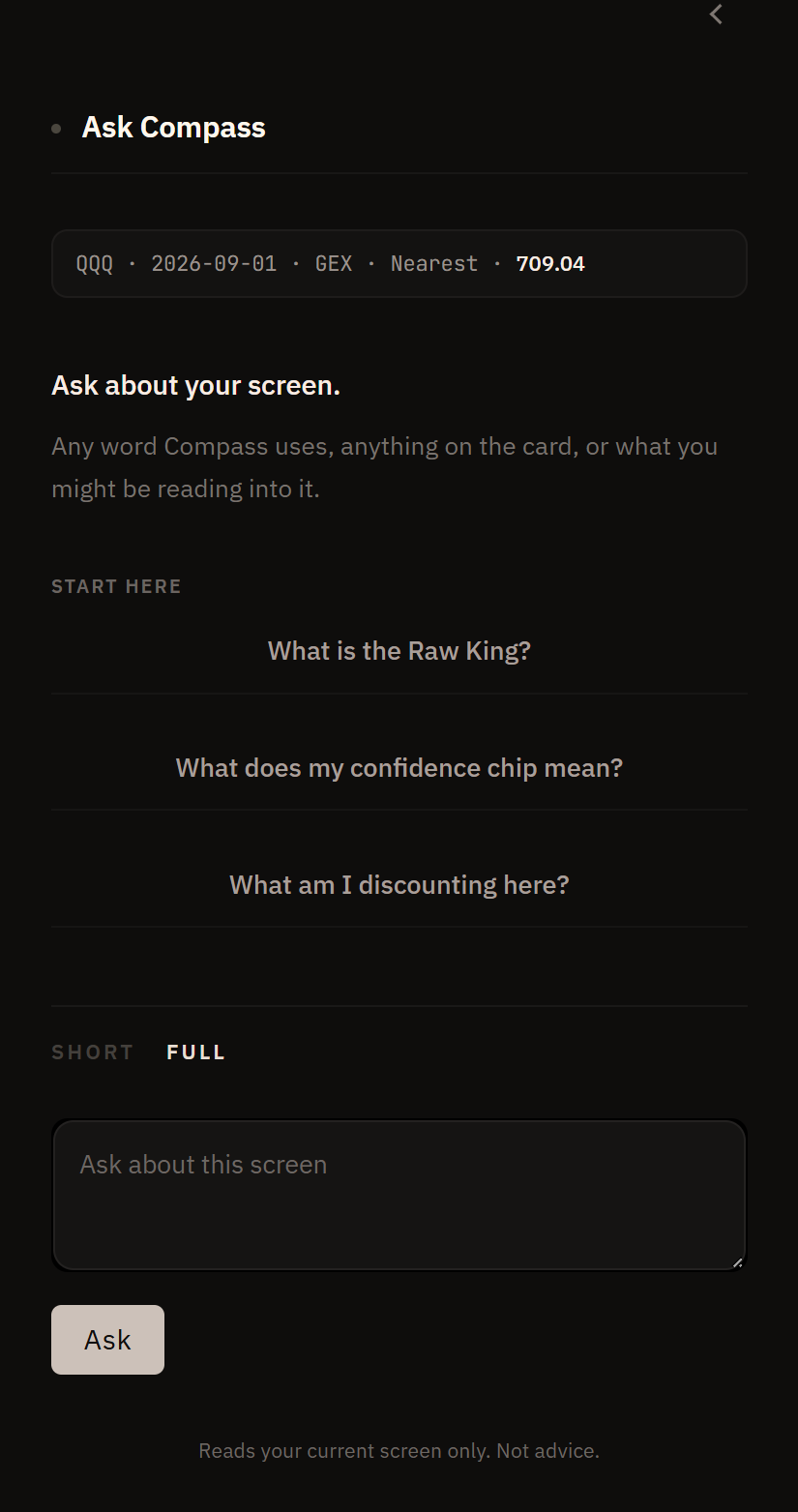 Ask Compass, open on a live screen, before anything has been asked.